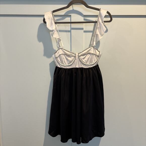 NWT Sky To Moon Mini Dress Small Black White Satin Slip Rhinestone Trim Bustier - Picture 4 of 16